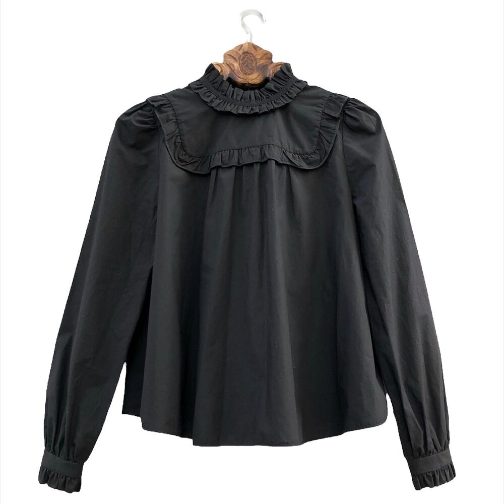 Odeeh Black Blouse High Victorian Neck Ruffle Boxy Fit Cotton 36